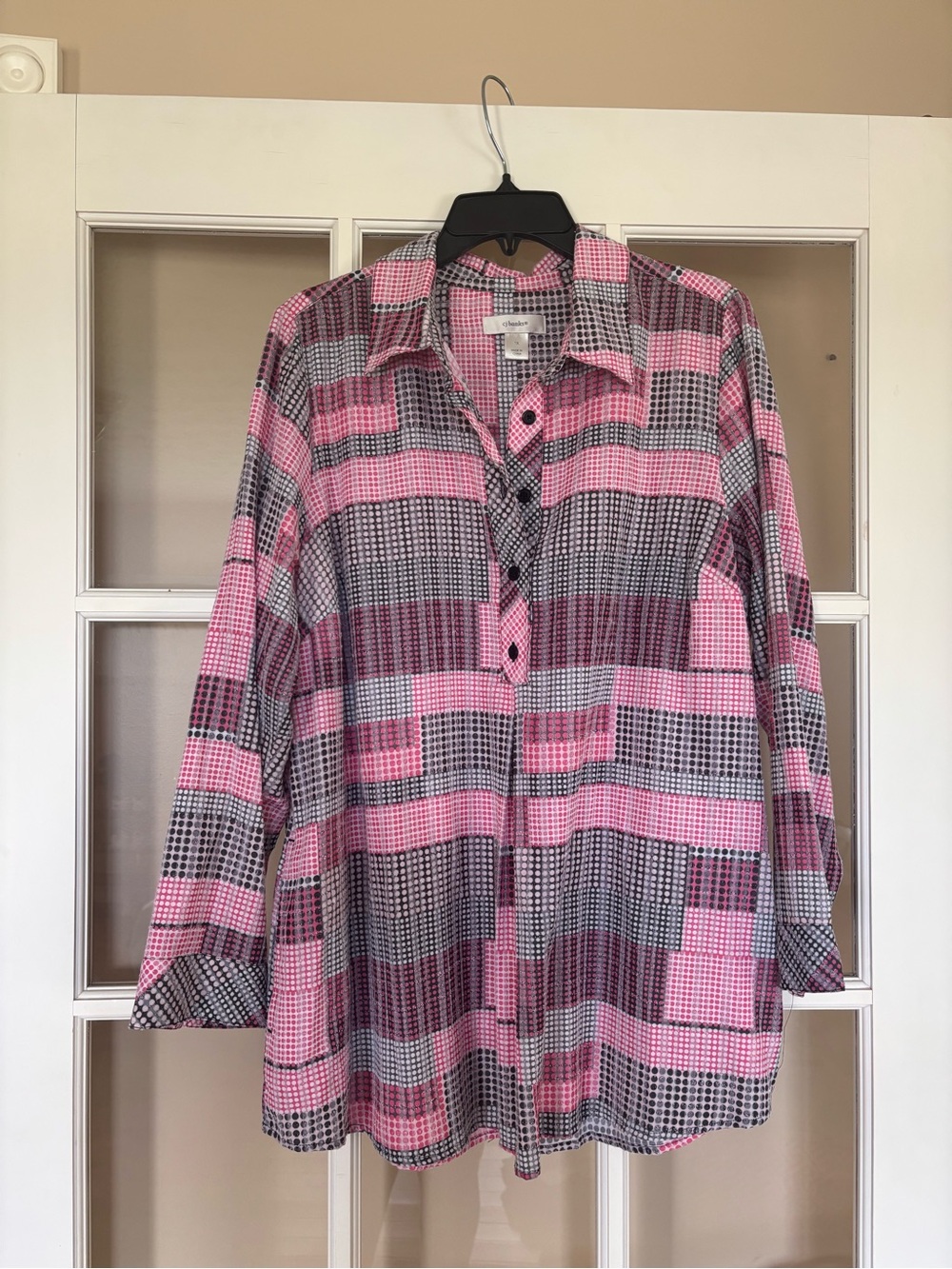 CJ Banks Pink and Gray Plaid Button-Down Shirt